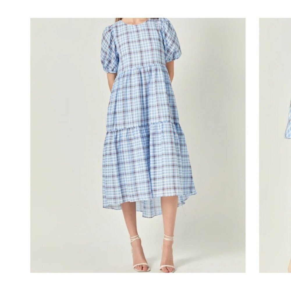 English‎ Factory Check Plaid Print Midi Dress Size S Blue  Prairie Cottagecore
